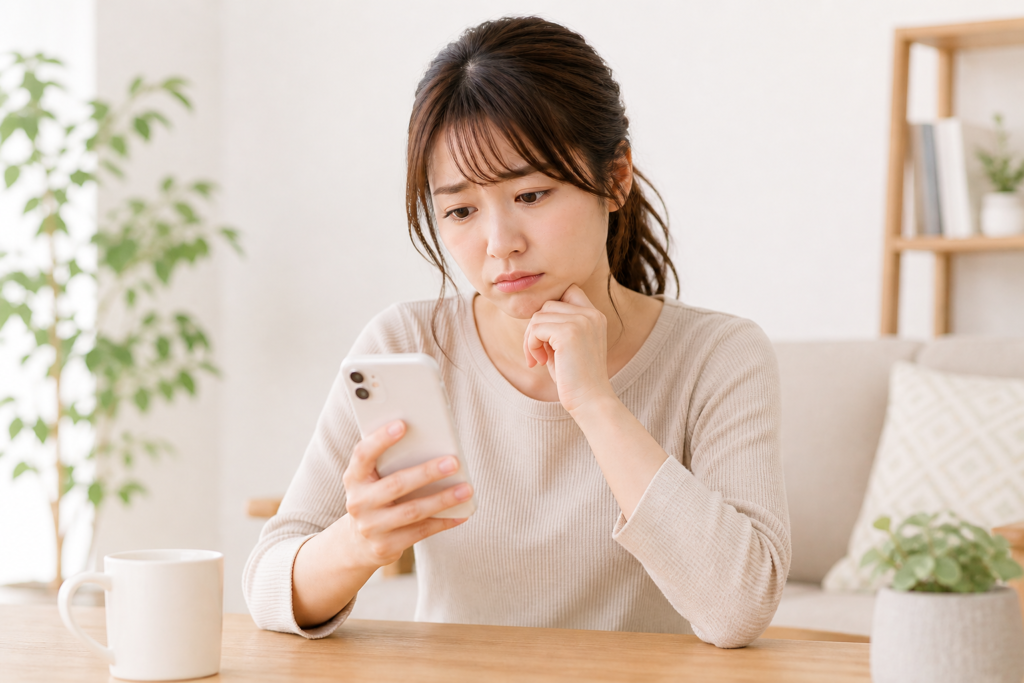 スマートフォンを見ながら困った表情をしている女性の写真｜スマホトラブルに悩んでいる様子を表現したイメージ画像