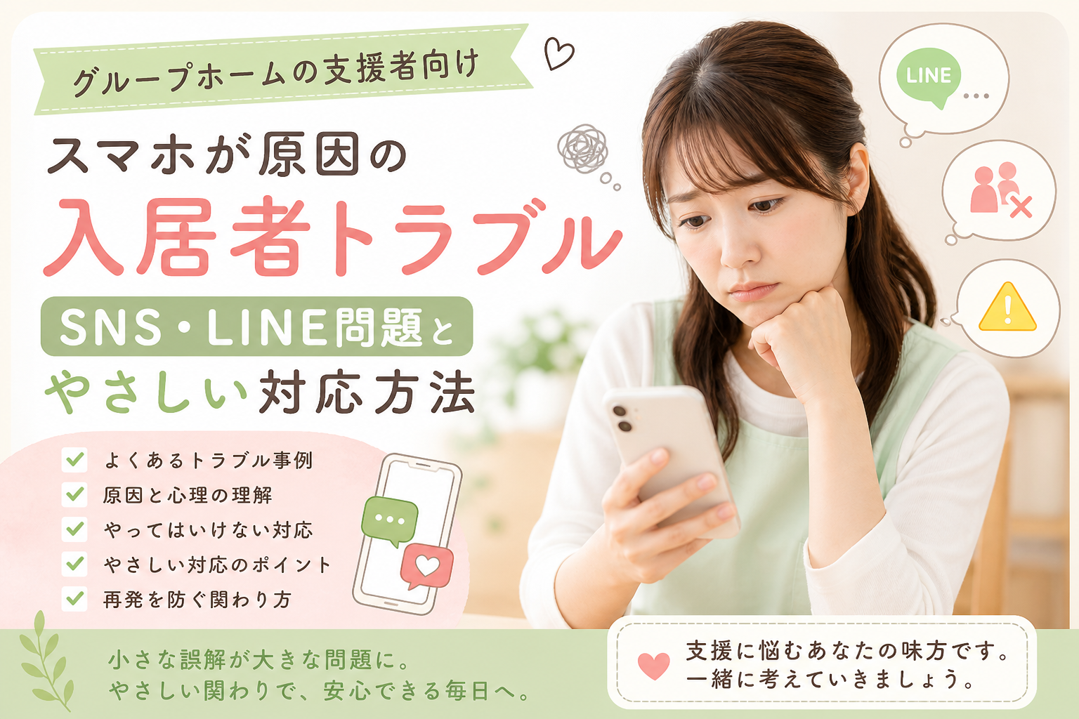 スマートフォンを見て悩む女性と「スマホが原因の入居者トラブル」の文字｜SNS・LINE問題とやさしい対応方法を解説するイメージ画像