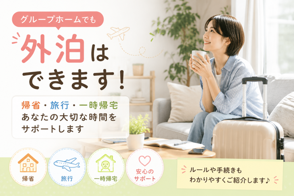 スーツケースを横に置き、明るい室内でくつろぐ女性。グループホーム入居者が帰省・旅行・一時帰宅などの外泊を安心して利用できることをイメージした写真