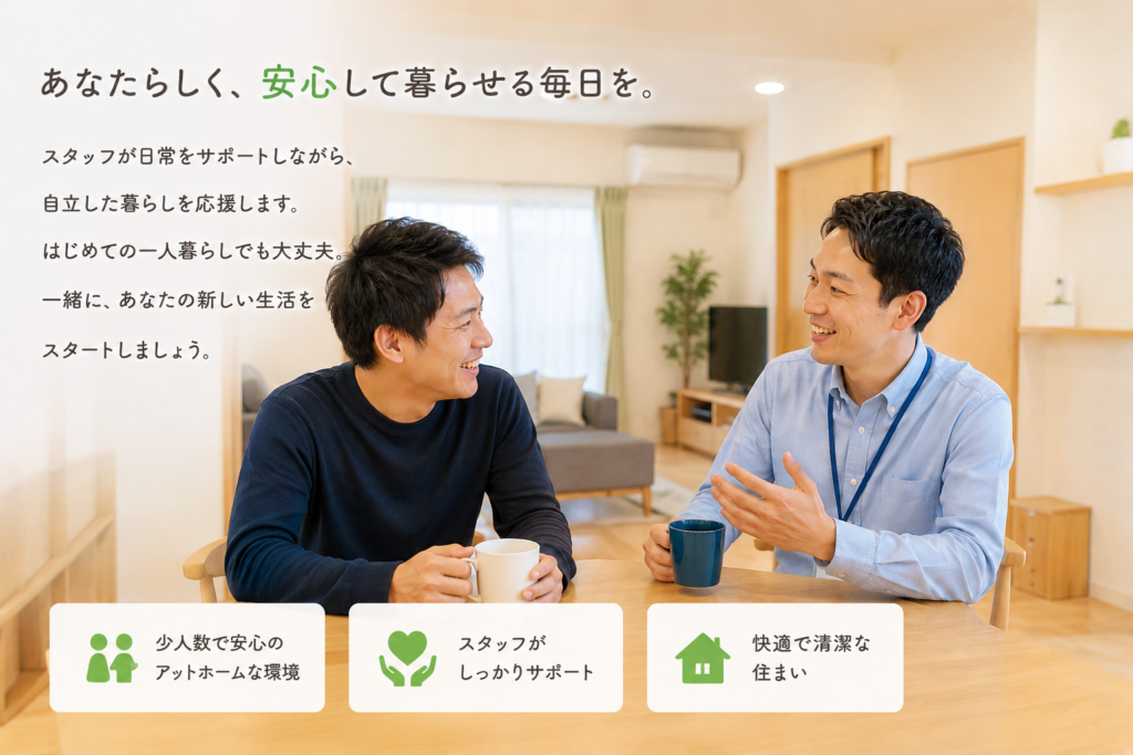 明るく清潔感のあるリビングで、日本人男性の利用者とスタッフがテーブルを囲み、笑顔で会話している様子。自然光が差し込む落ち着いた室内にはソファやテレビが配置され、家庭的で温かい雰囲気が感じられる。画像左側には「あなたらしく、安心して暮らせる毎日を。」というメッセージと、少人数制・スタッフによるサポート・快適で清潔な住まいといった特徴が紹介されている。