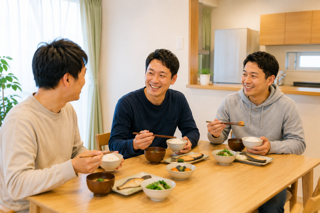 春日市の障がい者グループホームの食事風景イメージ。男性入居者が共有スペースで温かい食事を楽しみながら交流している様子を表現した画像。